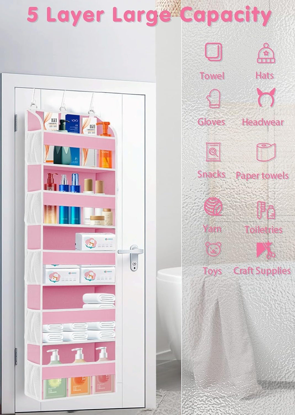 1 Pack Over The Door Storage Organizer with 5 Pockets 10 Mesh Pockets, 44 lbs Weight Capacity Door Hanging Organizers and Storage for Bedroom,Bathroom,Nursery,Kidroom,Babyroom