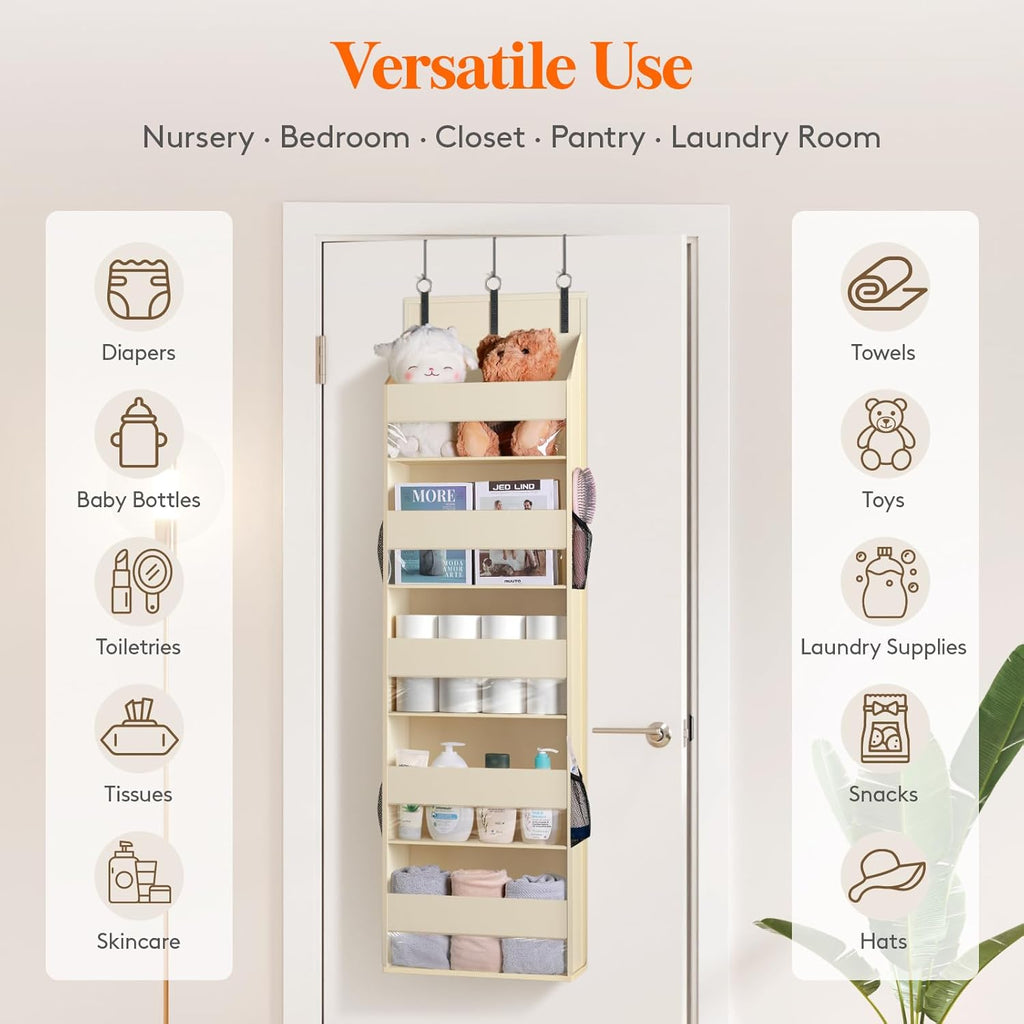 Lifewit 1 Pack Over the Door Organizer, 5 Shelf Clear Window Hanging Storage with 4 Mesh Side Pockets, Anti Tilt 40 lbs Load Behind Door for Pantry, Nursery, Bathroom, Bedroom, Kitchen, Dorm, Beige
