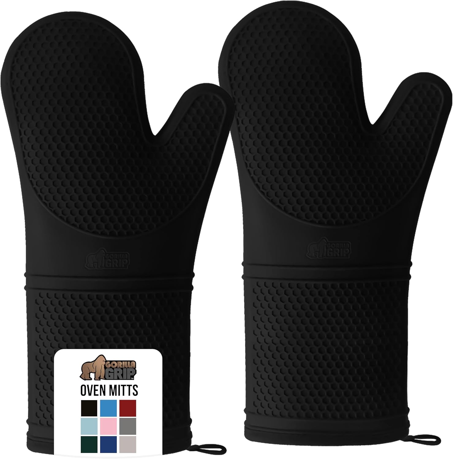 GORILLA GRIP BPA-Free Soft Silicone Oven Mitts, 14.5x8.3, Heat Resistant and Waterproof Cooking Gloves, Thick Cotton Lining, Flexible Gripping for Baking Grilling, Kitchen Potholders Set of 2, Black
