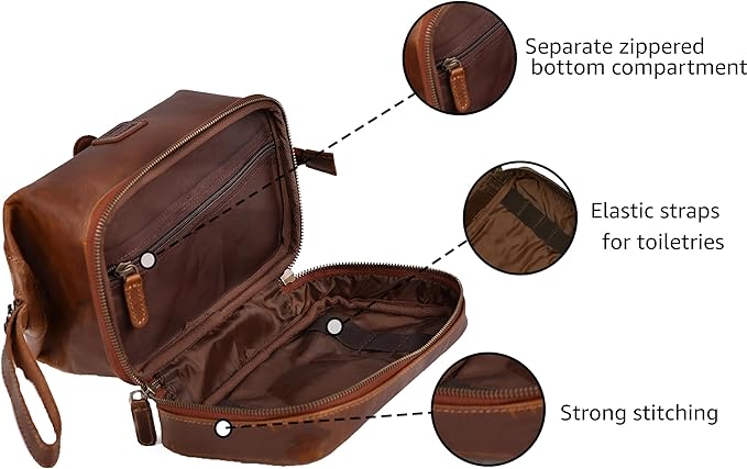 LEATHER VILLAGE Genuine Leather Dopp Kit – Large Travel Toiletry Bag with Waterproof Lining, Dual-Zip Design for Men & Women, Organizer for Shaving, Makeup & Essentials - Tan