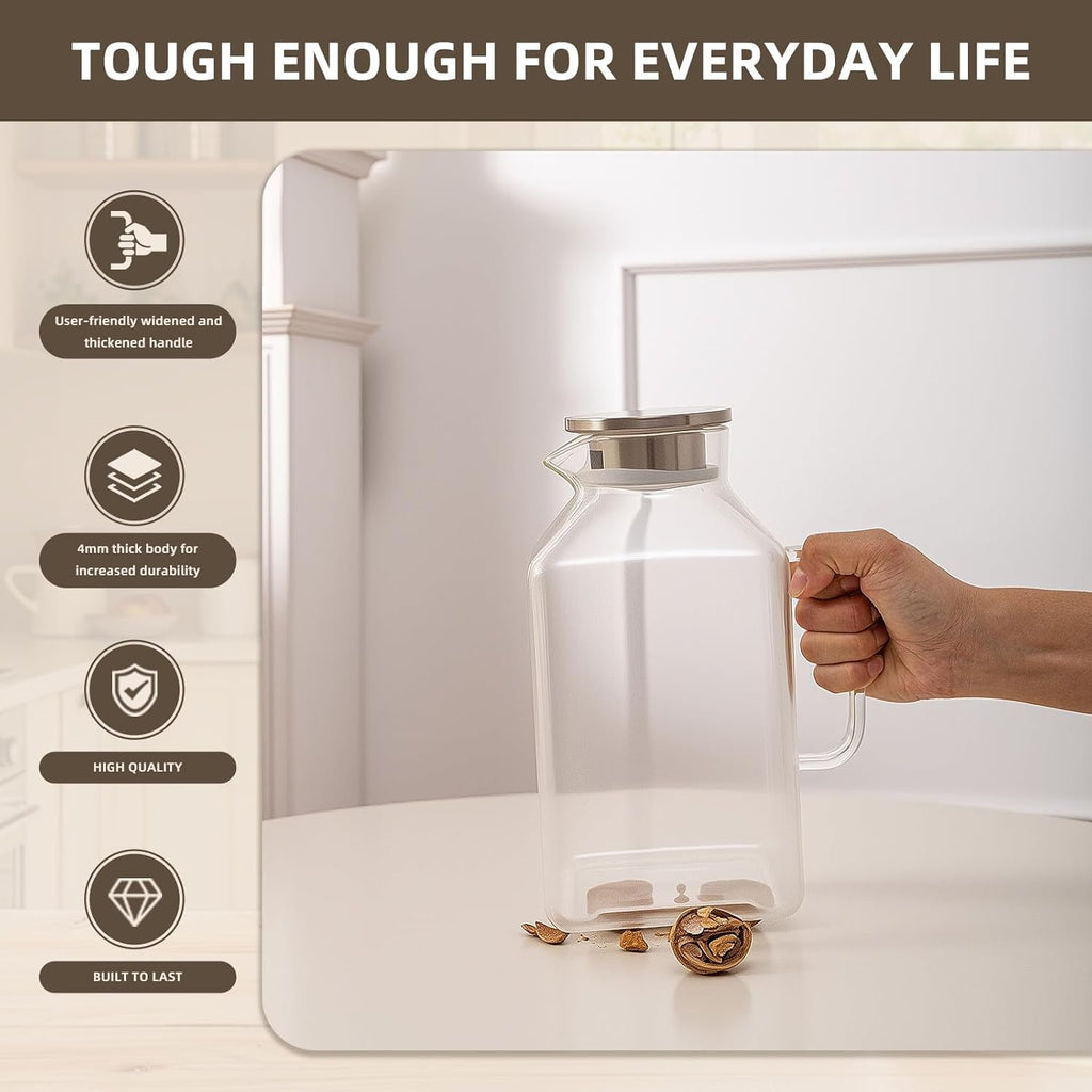 Glass Pitcher, 3.6L Glass Water Pitcher with Tight Stainless Steel Lid, Heat Resistant Borosilicate Glass Carafe, Temperature Safe (MG10)