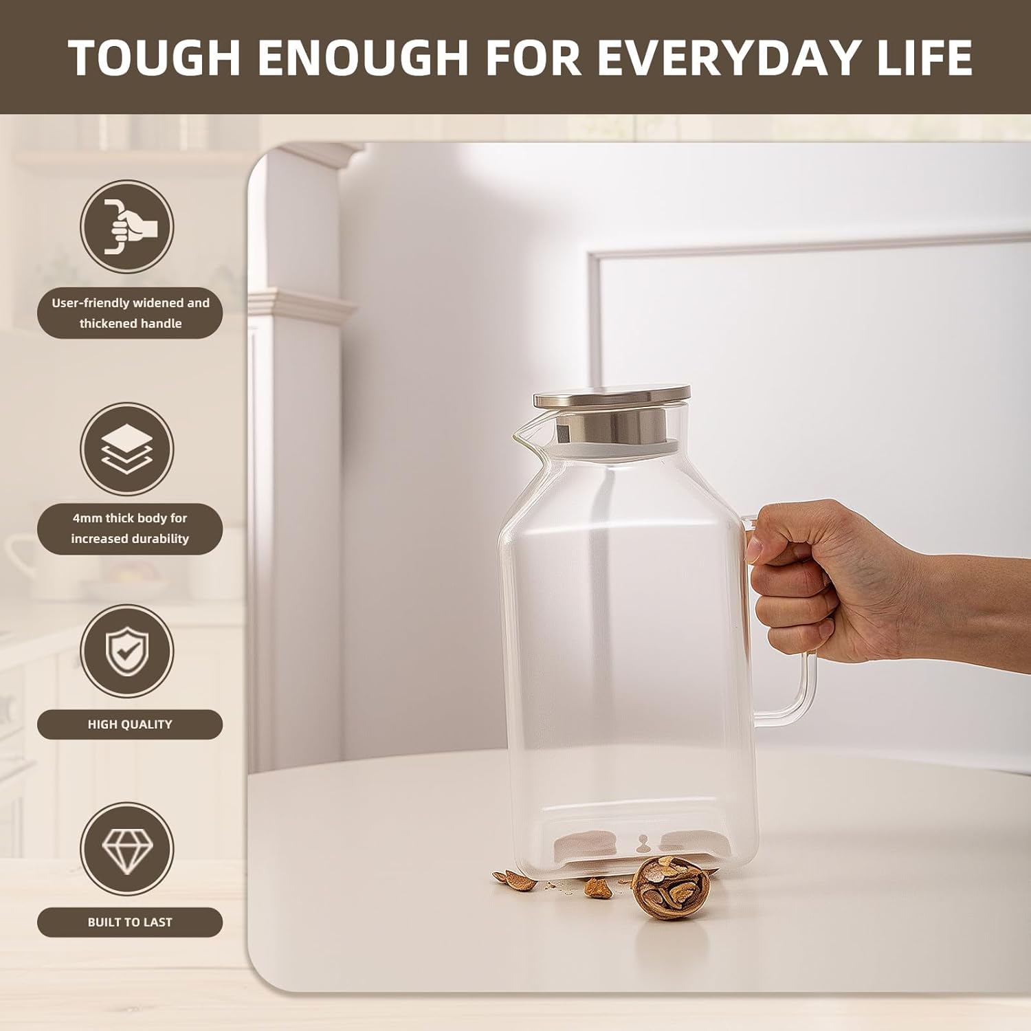 Glass Pitcher, 3.6L Glass Water Pitcher with Tight Stainless Steel Lid, Heat Resistant Borosilicate Glass Carafe, Temperature Safe (MG10)