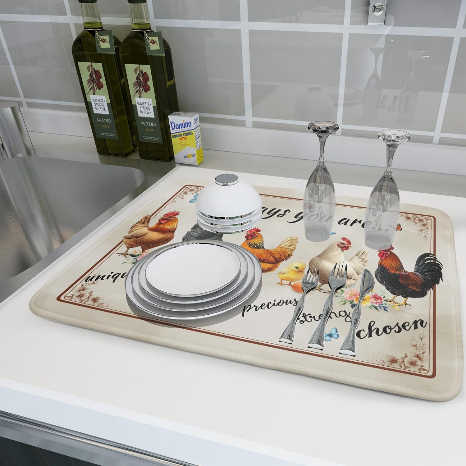 Farmhouse Rooster Dish Drying Mat - Vintage Chicken Absorbent Microfiber Dish Drying Pad for Kitchen Coffee Bar