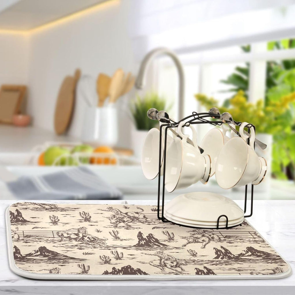 West Cactus Cowboy Dish Drying Mat for Kitchen Counter Absorbent Microfiber Drying Pad, Large 18x24 in, Reversible Drainer Mats