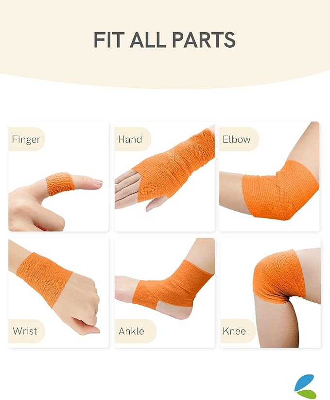 FriCARE Self Adhesive Bandage Wrap, Medical Tape in First Aid Kit, Cohesive Bandages for Wounds Sport Vet, FSA/HSA Eligible, 2 Inches X 5 Yards 6 Rolls, Orange
