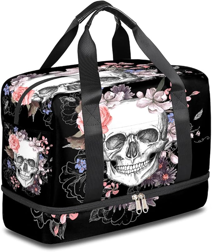 Skull Travel Duffel Bag, Floral Skull Weekender Overnight Bag Large Carry On Bag, Waterproof Sports Gym Bag Tote Workout Duffel Bag for Men Women