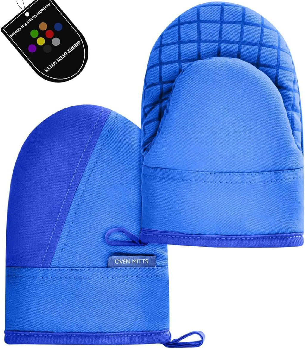 Mini Oven Mitts, Kitchen Oven Gloves Kitchen Mittens 500 Degrees Heat Resistant Baking Gloves, Non-Slip Silicone Surface with Hanging Loops Hot Gloves for Cooking, Baking, BBQ 1 Pair-Blue