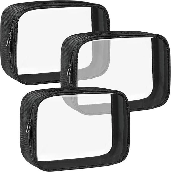 Moyad TSA Approved Clear Toiletry Bag, 3 Pack Quart Size 3-1-1 Liquids Pouch for Travel, Transparent Makeup & Cosmetic Organizer for Women Men, Black