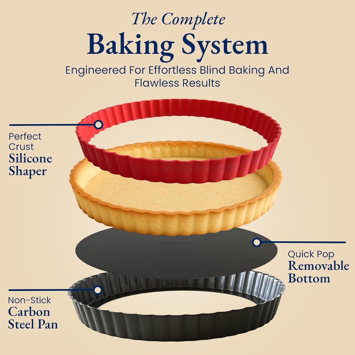 Patz&Patz Classic Tart Pan 9 Inch Removable Bottom with Patented Silicone Crust Shaper | Nonstick Carbon Steel Quiche Baking Dish, Fruit Tart Molds for Baking, Quiche Pan & Pie Mold - PFOA & PTFE-Free