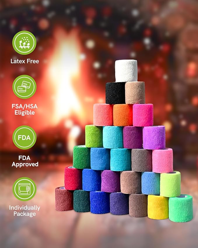 FriCARE Self Adhesive Bandage Wrap, Medical Tape in First Aid Kit, Cohesive Bandages for Wounds Sport Vet, FSA/HSA Eligible, 2 Inches X 5 Yards 6 Rolls, Fluorescent Yellow