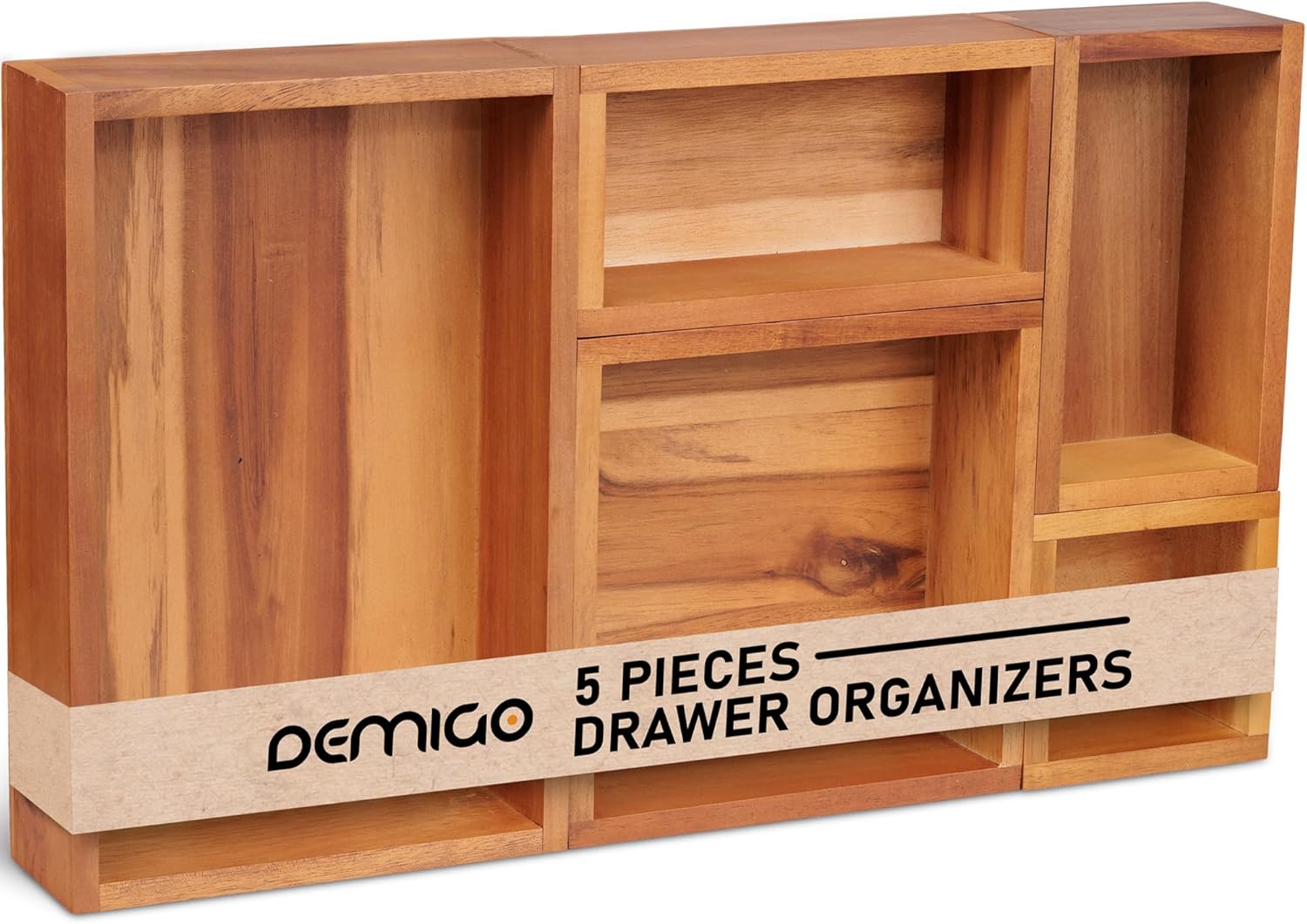 Demigo Acacia Drawer Organizer Set of 5, Cabinet Container Box, Wood Bin Set in Varied Sizes, Dividers Holder for Storage Cooking Utensils Spices Tea Bags Foods Office Items (Brown)