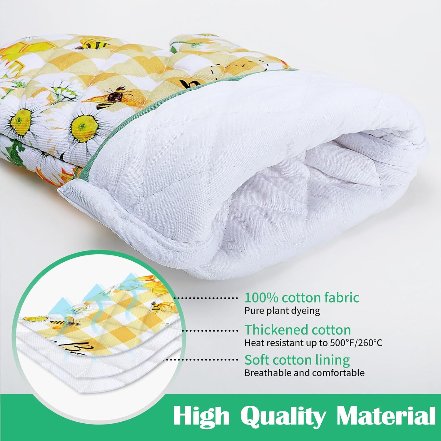 Bee Daisy Oven Mitts and Pot Holders Sets 4Pcs, 100% Cotton Heat Resistant, Extra Long Oven Gloves Potholder for Kitchen Cooking Baking Housewarming