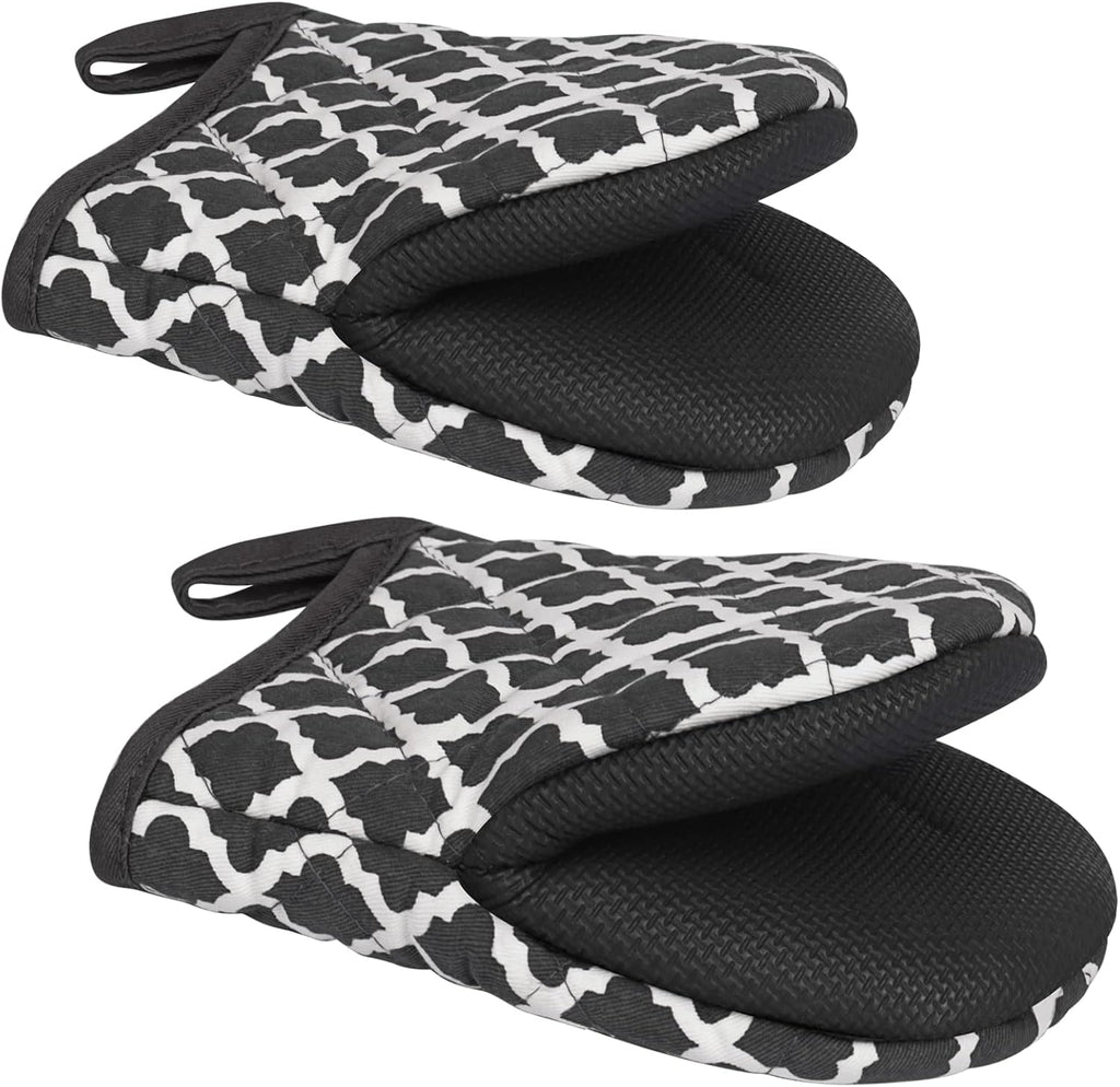 Qulable 1 Pair Short Oven Mitts - Silicone Kitchen Oven Gloves High Heat Resistant 500℉, Mini Oven Mits with Non-Slip Grip Surfaces and Hanging Loop for BBQ, Baking, Cooking and Grilling (Dark Gray)