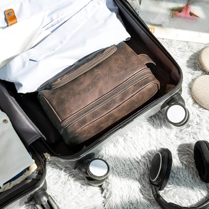 Elviros Toiletry Bag for Mens PU Leather Travel Organizer Kit with Hanging hook, Large Water-resistant Toiletries Bathroom Shaving Bags (Extra Large, Coffee)