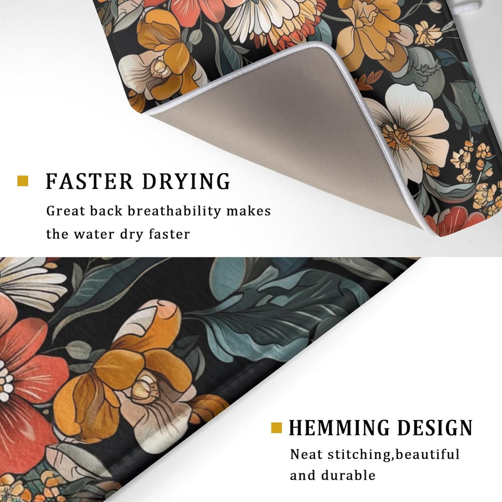 Vintage Floral Dish Drying Mat 18x24 inch Boho Flower Drainer Mats Fast Dry Absorbent Washable Dish Rack Pad Protector Kitchen Accessories