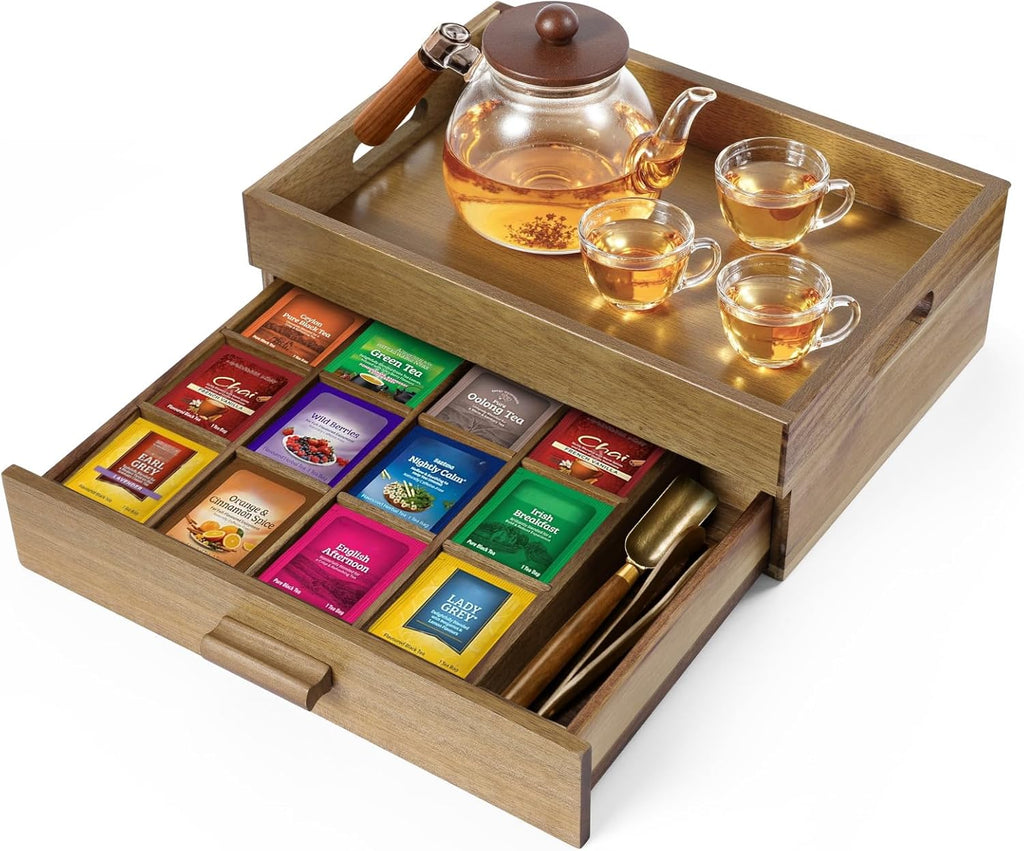 ANMINY Acacia Wood Tea Bag Organizer, Extra Large Tea Storage Box with 13 Compartments, 10MM Thick Wooden Teabag Holder Drawer Box, Tea Caddy Station Chest Containers for Countertop