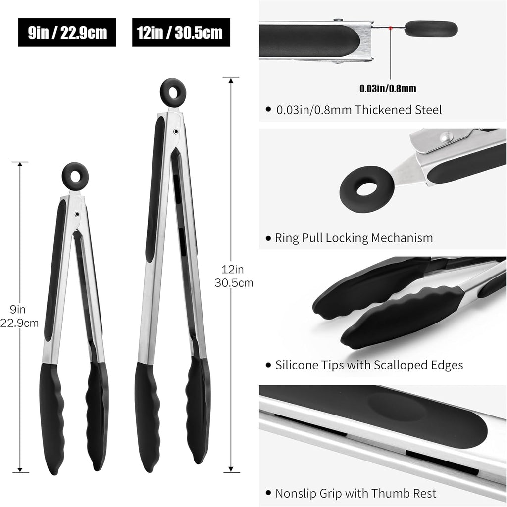 Doosu Kitchen Tongs for Cooking - 600°F Heat Resistant Food Tong Set with Non-Scratch Silicone Tips, Heavy Duty Stainless Steel Locking Tong for BBQ, Grilling Steak, Serving Salad (9+12in, Black)