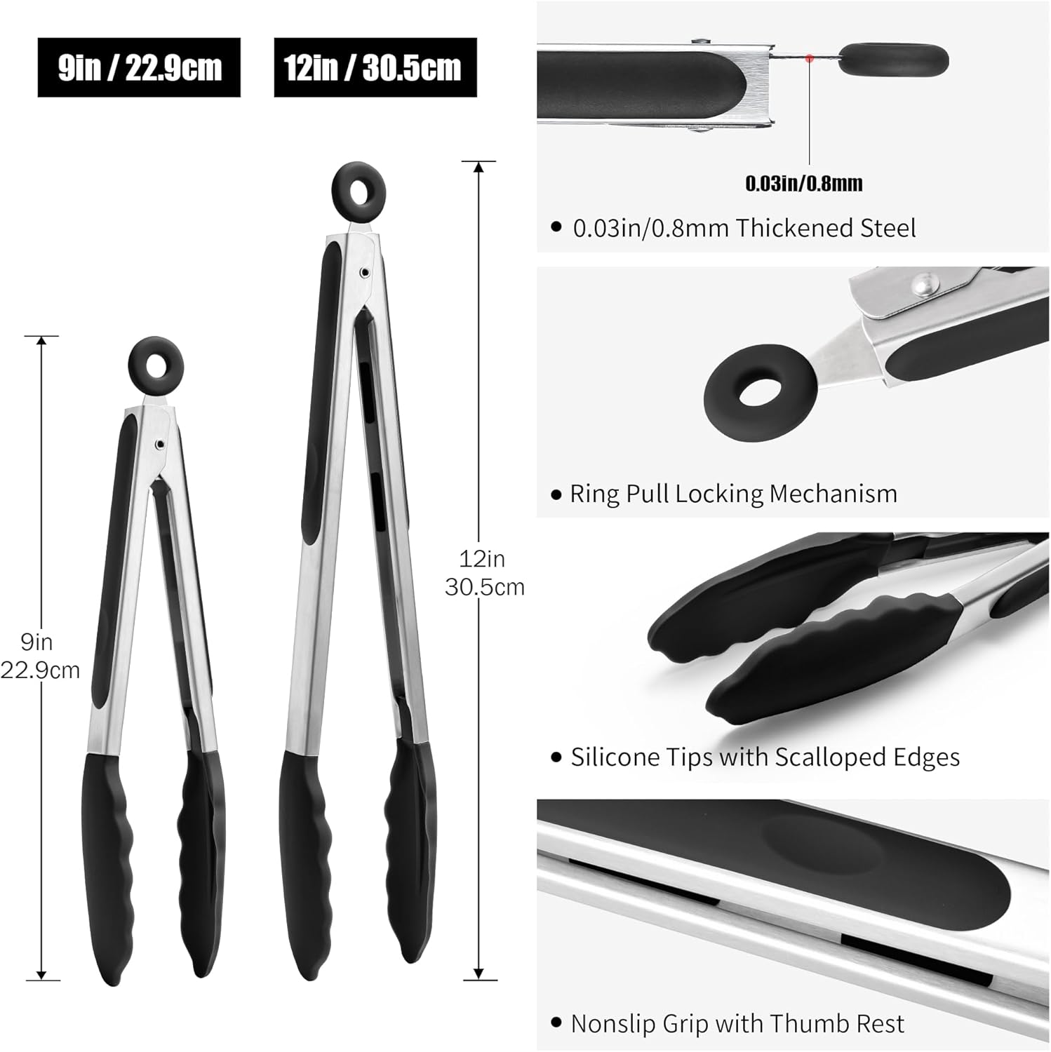 Doosu Kitchen Tongs for Cooking - 600°F Heat Resistant Food Tong Set with Non-Scratch Silicone Tips, Heavy Duty Stainless Steel Locking Tong for BBQ, Grilling Steak, Serving Salad (9+12in, Black)