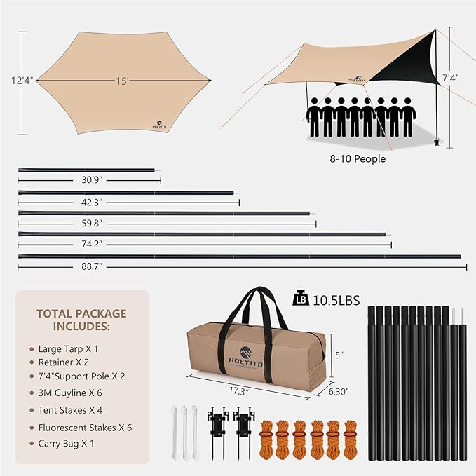 Camping Tarp with Poles & Retainer,15x12.5FT Large Waterproof 210D Oxford Cloth Camping Canopy, UV Blocking Rate 99.99% Tent Tarp Car Awning for Outdoor, Picnic, Hammock, Car, Backpacking(Khaki-Black)