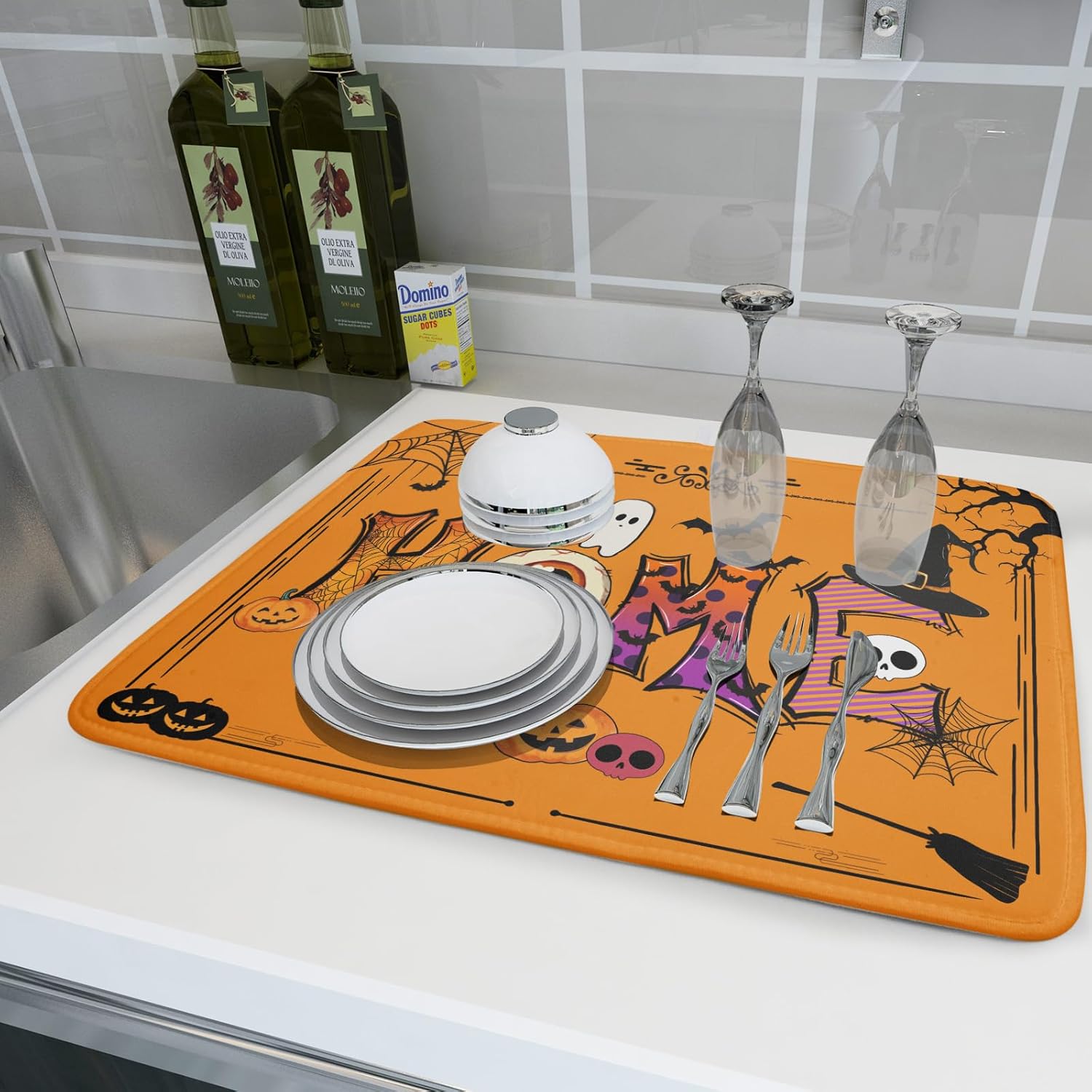 Halloween Home Dish Drying Mat Orange Washable Microfiber Drying Pad for Holiday Decoration