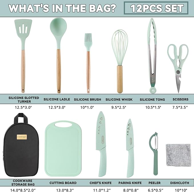 12PCS Camping Accessories Kitchen Cooking Utensils Set - Portable Outdoor Camp Cookware Set, Silicone Camper Essentials Gear Must Have Supplies for Travel RV BBQ Grill Picnic Hiking