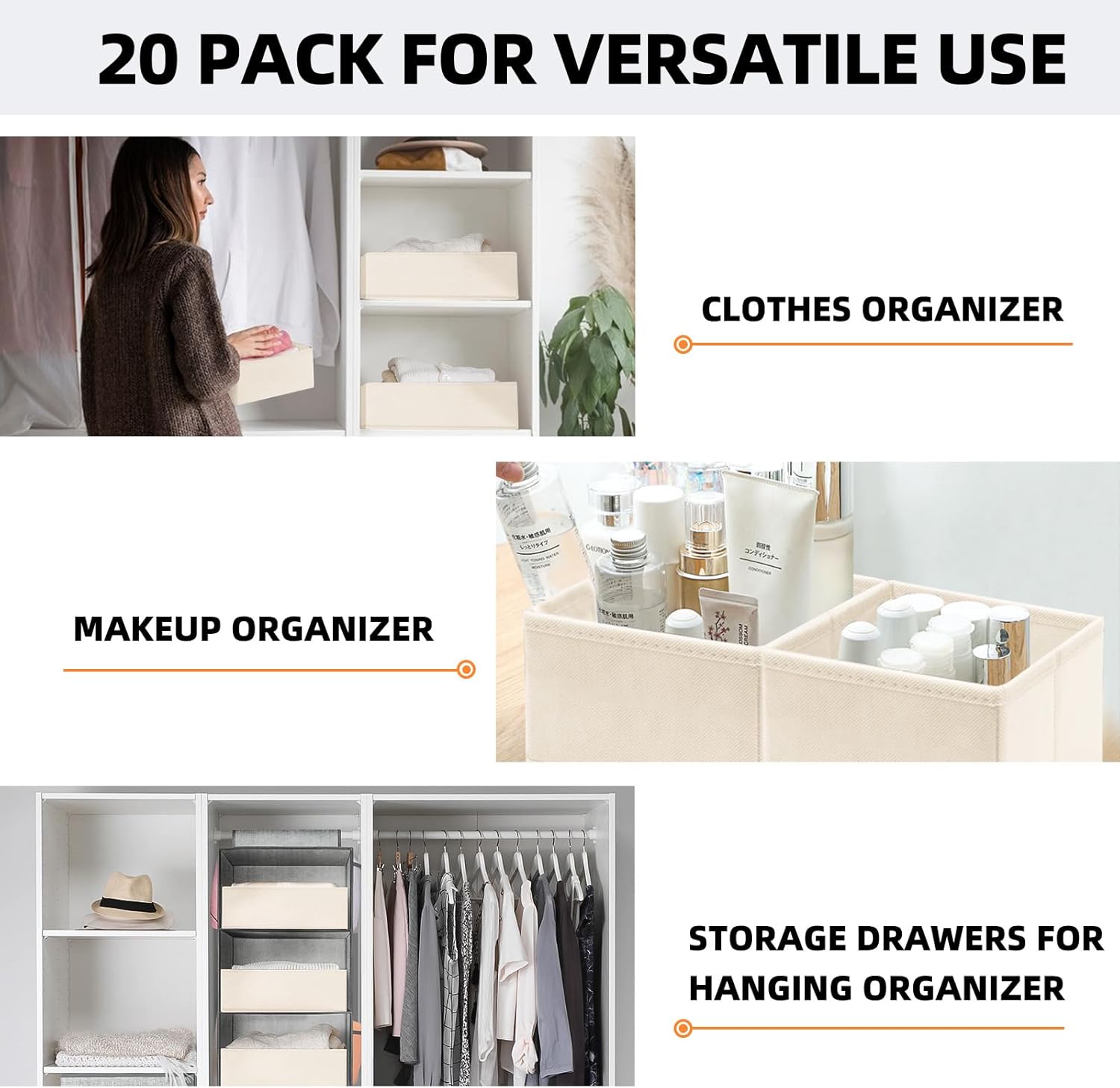 Criusia Drawer Organizer Clothes, 20 Pack Dresser Organizer Bins for Nursery Bedroom, Closet Organization and Storage Dividers for Clothing, Baby Clothes, Underwears, Socks (Beige)