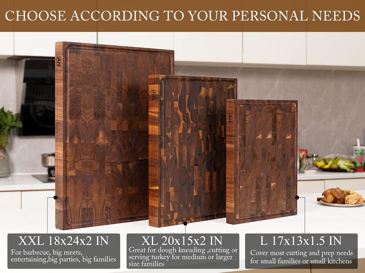 AZRHOM Extra Large Thick Walnut Wood End Grain Cutting Board 20x15x2 In, Wooden Butcher Block, Chopping Board For Kitchen with Juice Groove Handles Non-Slip Pats (Gift Box)