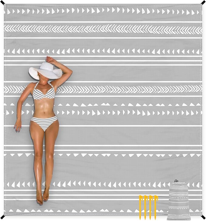 110''×118'' Extra Large Beach Blanket for 8 Adults, Outdoor Beach Mat Sand Free Waterproof with 4 Stakes & 4 Corner Pockets, Polyester Lightweight Foldable Grey Picnic Mat for Travel, Camping, Hiking