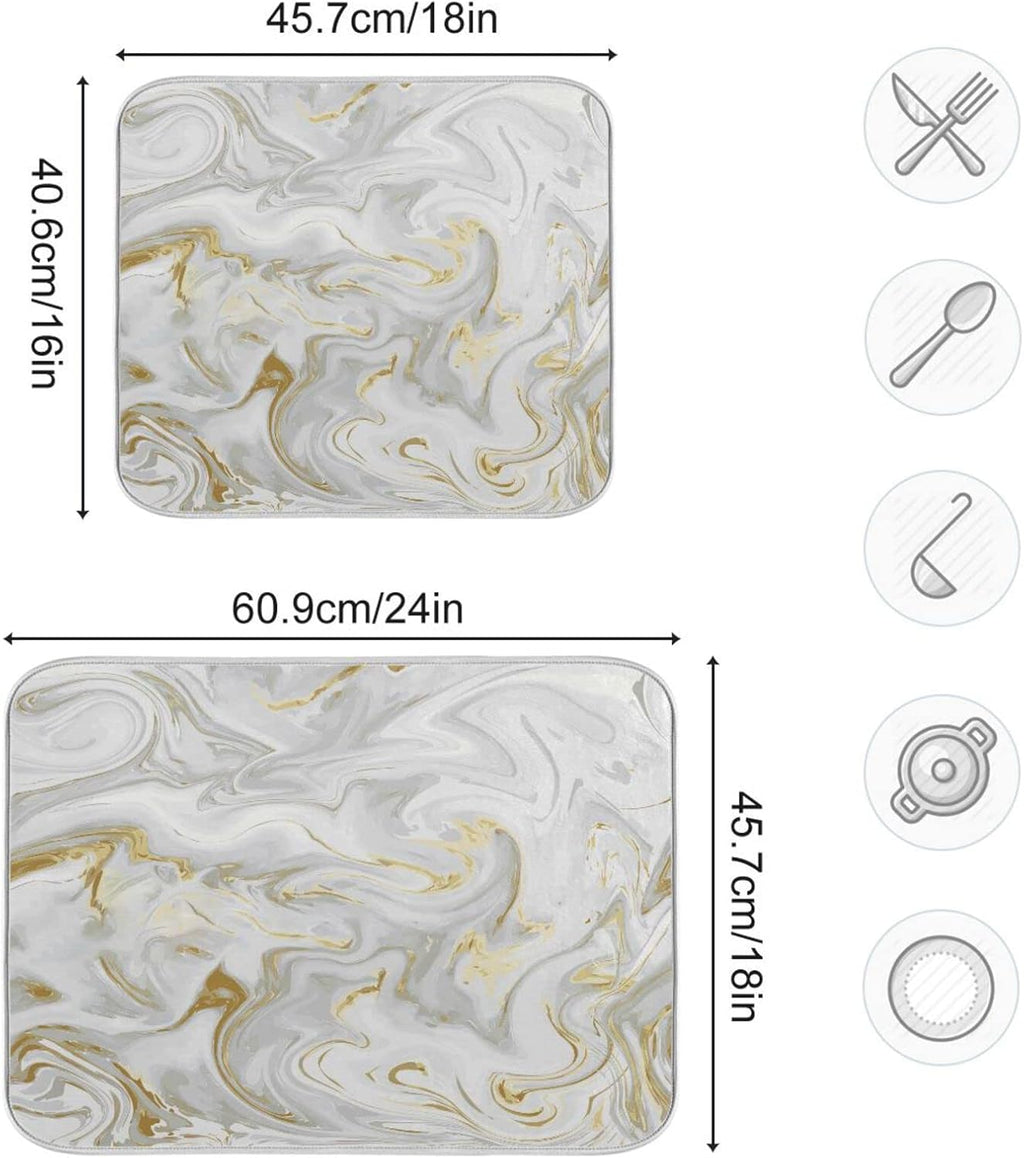 White Grey Gold Marble Fluid Dish Drying Mat for Kitchen Counter Absorbent Microfiber Drying Pad, Medium 16x18 in, Reversible Drainer Mats