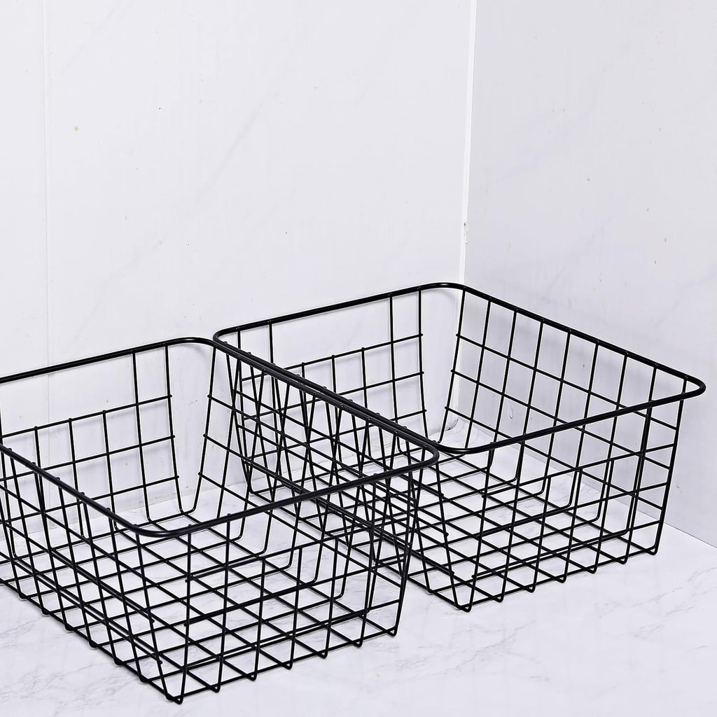 11" Upright Freezer Storage Baskets, Black Wire Storage Bins Small Bakset for Freezer, Pantry, Bathroom Organizing, Set of 4