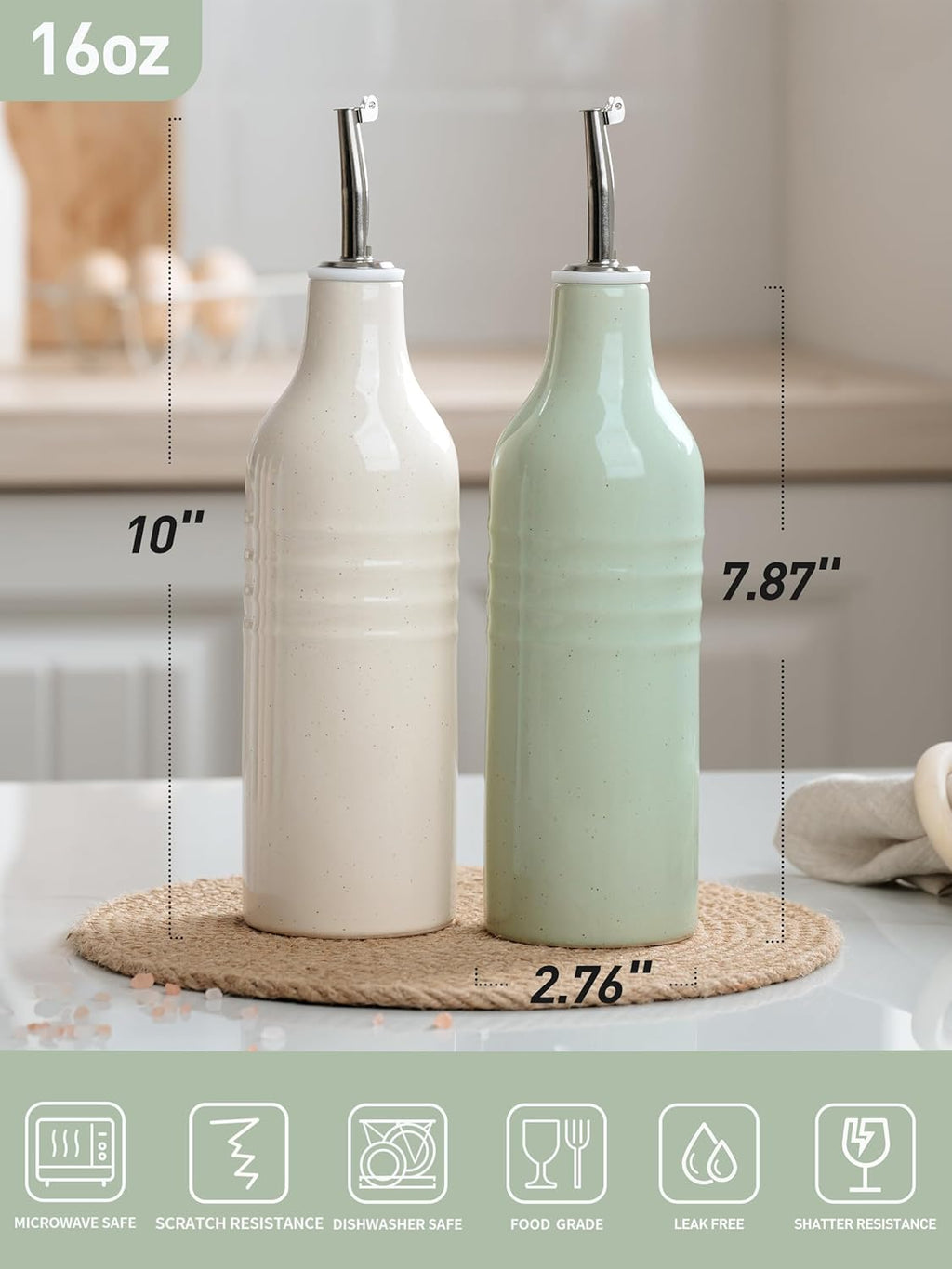 famiware Jupiter 16oz Ceramic Olive Oil Dispenser Bottle, Olive Oil and Vinegar Dispenser Bottle Set of 2 with Stainless Steel Pourers, Suitable for Storage Vinegar, Vanilla White & Light Green