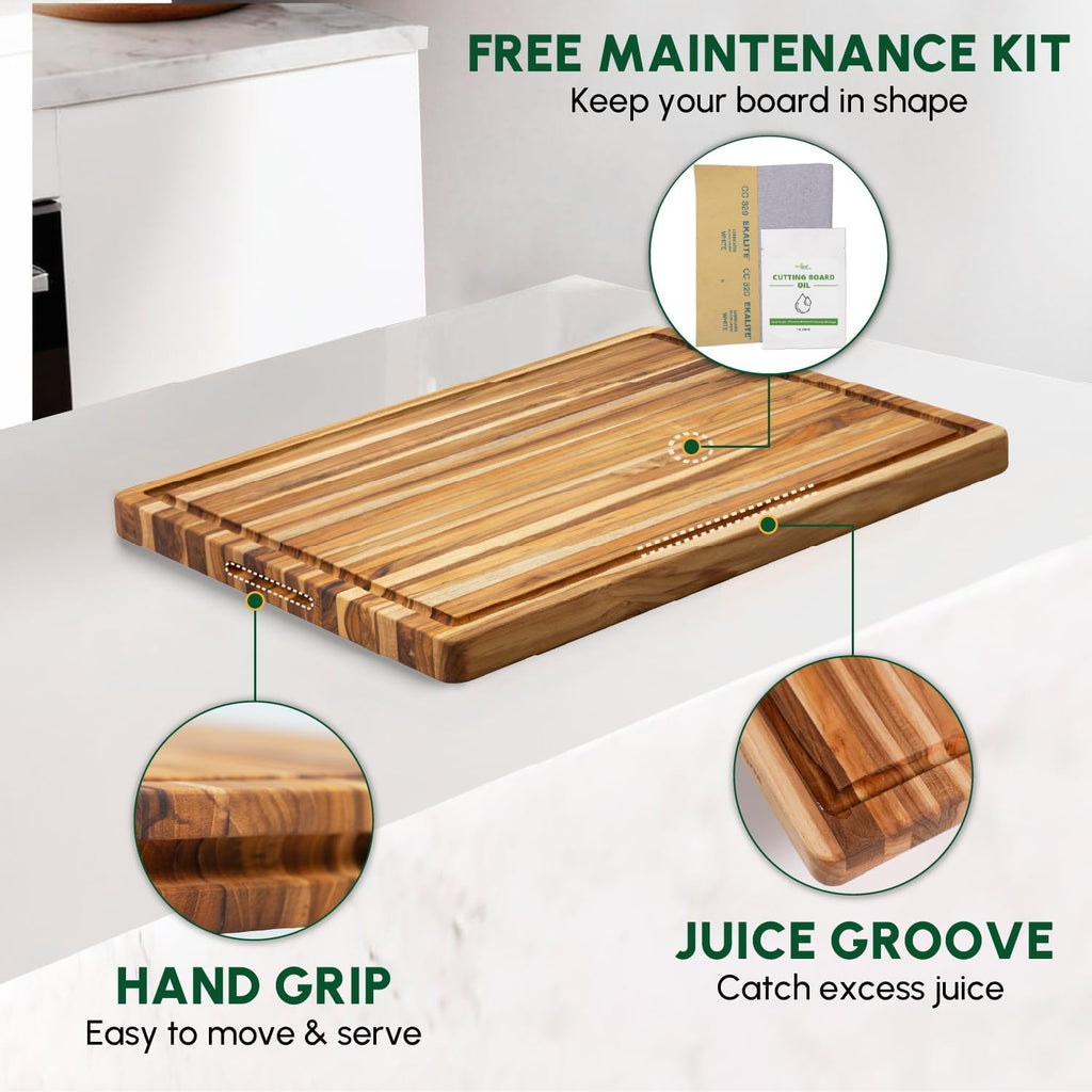 BEEFURNI Teak Wood Cutting Board with Juice Groove Hand Grip (S, 18x14x1"), Wooden Cutting Boards for Kitchen, Butcher Block, Charcuterie Boards, Christmas Gifts, 1-year Manufacturer Warranty
