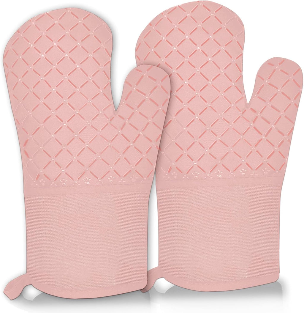 2 Pcs Oven Mitts for Kitchen Heat Resistant Oven Gloves, Soft Cotton Lining, Anti-Slip Silicone Stripe Oven Mitts Heat Resistant Oven Mits, Kitchen Mitt Pair Protect Hands, Cooking Baking Gloves Pink