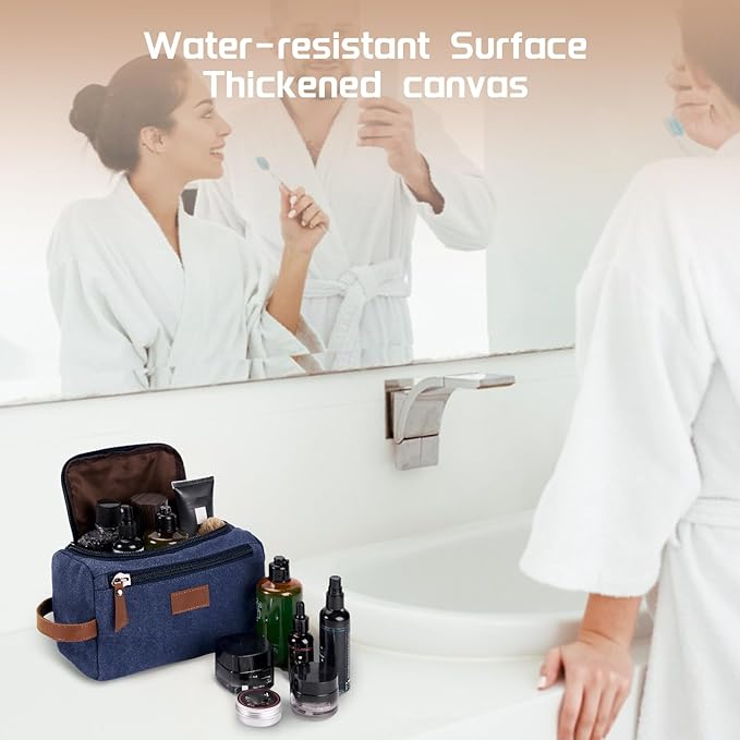 Men's Canvas Toiletry Bag, Large Capacity Men's Travel Portable Toiletry Bag, Organizer Dopp Kit Leather Accessory, Water-resistant Shaving Pouch, Birthday/Anniversary/Groomsmen Gifts for Him- Blue