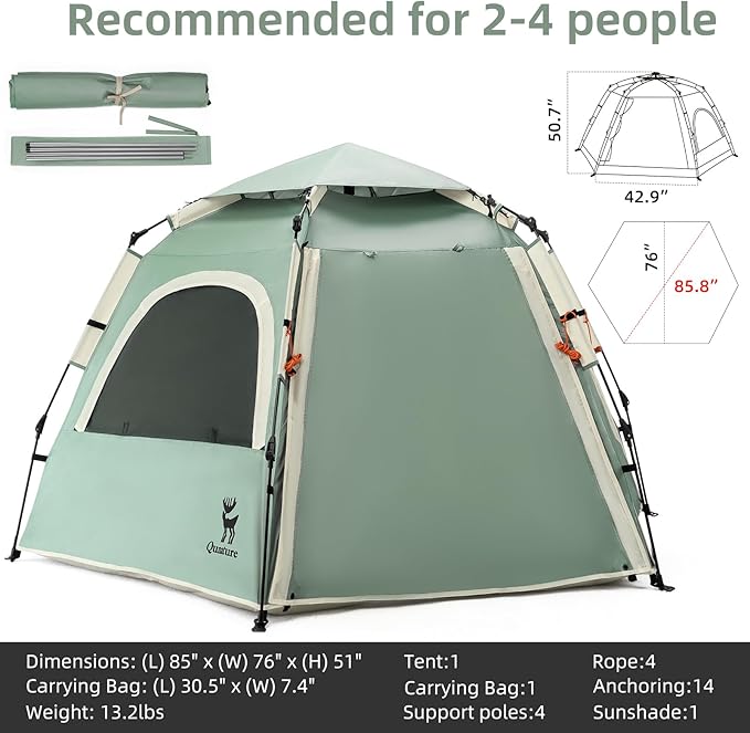 Tents for Camping 2 Person Waterproof Pop Up Camping Tent with Screen Porch 4 Ventilation Mesh Windows & 2 Doors Portable for Camping, Hiking, Beach, Backpacking, and Outdoors