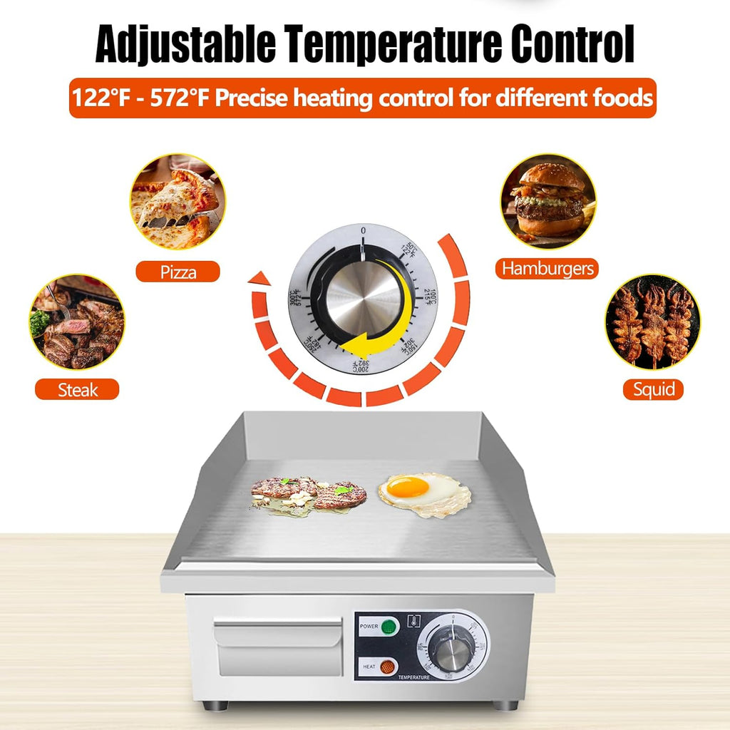 14" Commercial Electric Griddle,Electric Countertop Flat Top Griddle,110V 1500W Electric Flat Top Grill,Non-Stick Restaurant Teppanyaki Stainless Steel Grill,Adjustable Temperature Control