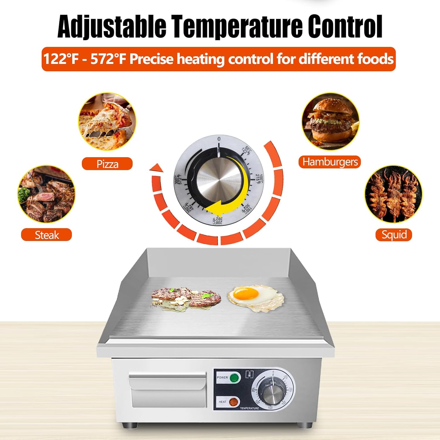 14" Commercial Electric Griddle,Electric Countertop Flat Top Griddle,110V 1500W Electric Flat Top Grill,Non-Stick Restaurant Teppanyaki Stainless Steel Grill,Adjustable Temperature Control