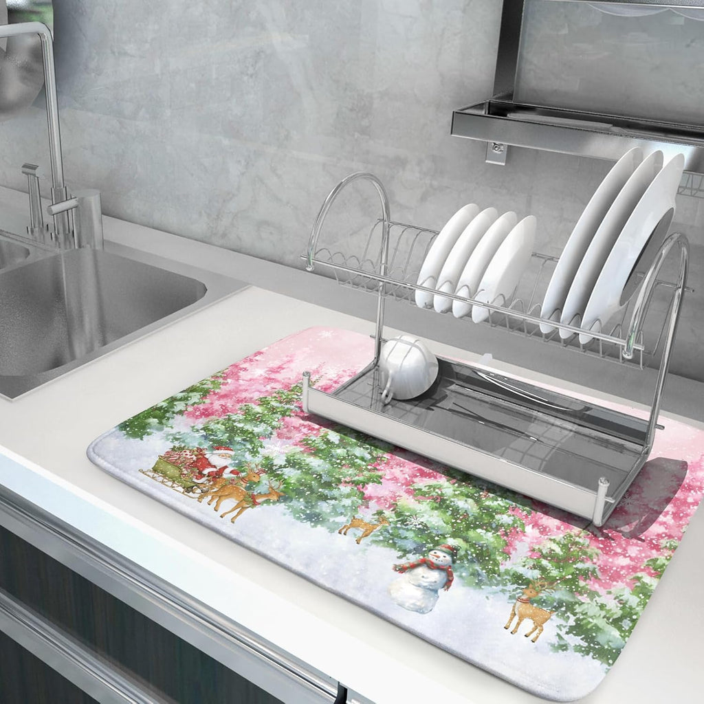 Winter Dish Drying Mats for Kitchen Counter Watercolor Forest Decoration Coffee Mat for Holiday Decor