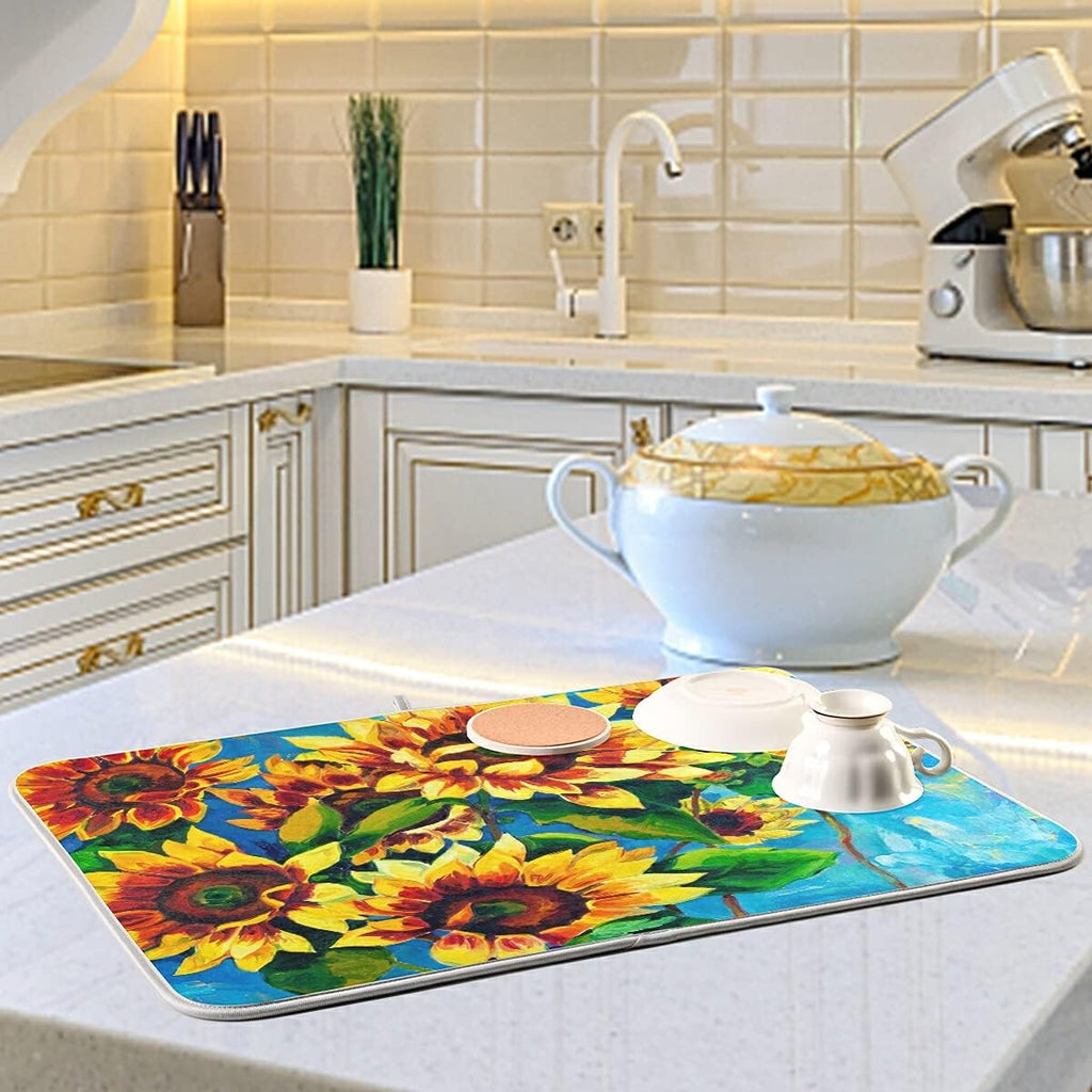 Super Absorbent Dish Drying Mat, Microfiber Fast-Drying Dish Mat, 16" x 18", Kitchen Dish Drying Pad, Sunflowers