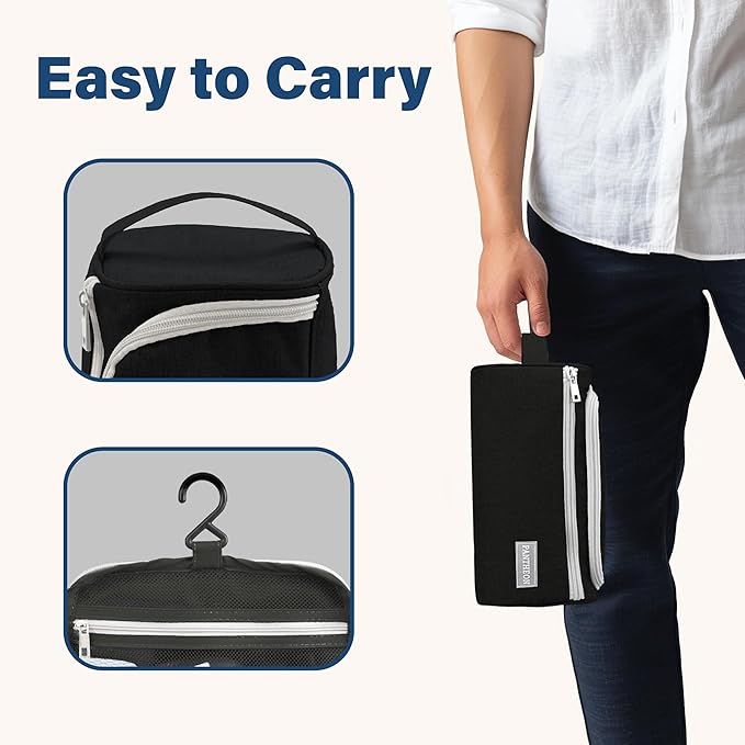 Pantheon Men's Toiletry Bag - Travel Toiletry Bag Wash Bag Hanging Dopp Kit Shaving Kit for Bathroom Shower - Mens Travel Bag Hanging Toiletry Organizer Toiletry Kit for Traveling (Black)
