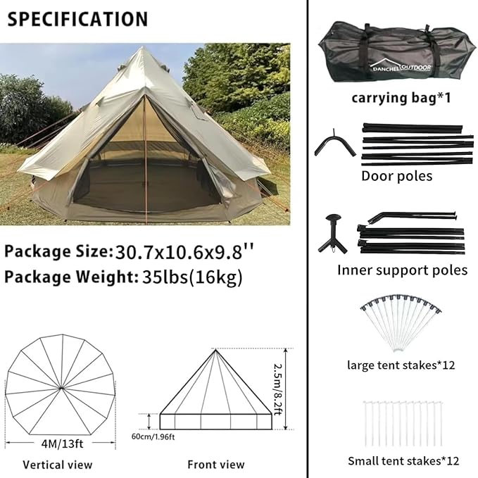 DANCHEL OUTDOOR B2A Waterproof Roomy Interior Yurt Tent, No Center Pole Bell Tent 4/8 Person Family Camping Glamping, 4 Season Hot Tents with Stove Jack 300D Oxford Nylon, 13ft/16.4ft Khaki