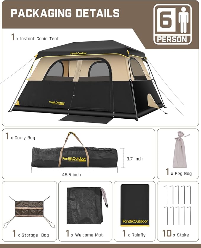 FanttikOutdoor Instant Cabin Tent 6/8/10/12 Person Camping Tent Setup in 60 Seconds with Rainfly & Windproof Portable with Carry Bag for Family Camping & Hiking, Upgraded Ventilation, Khaki