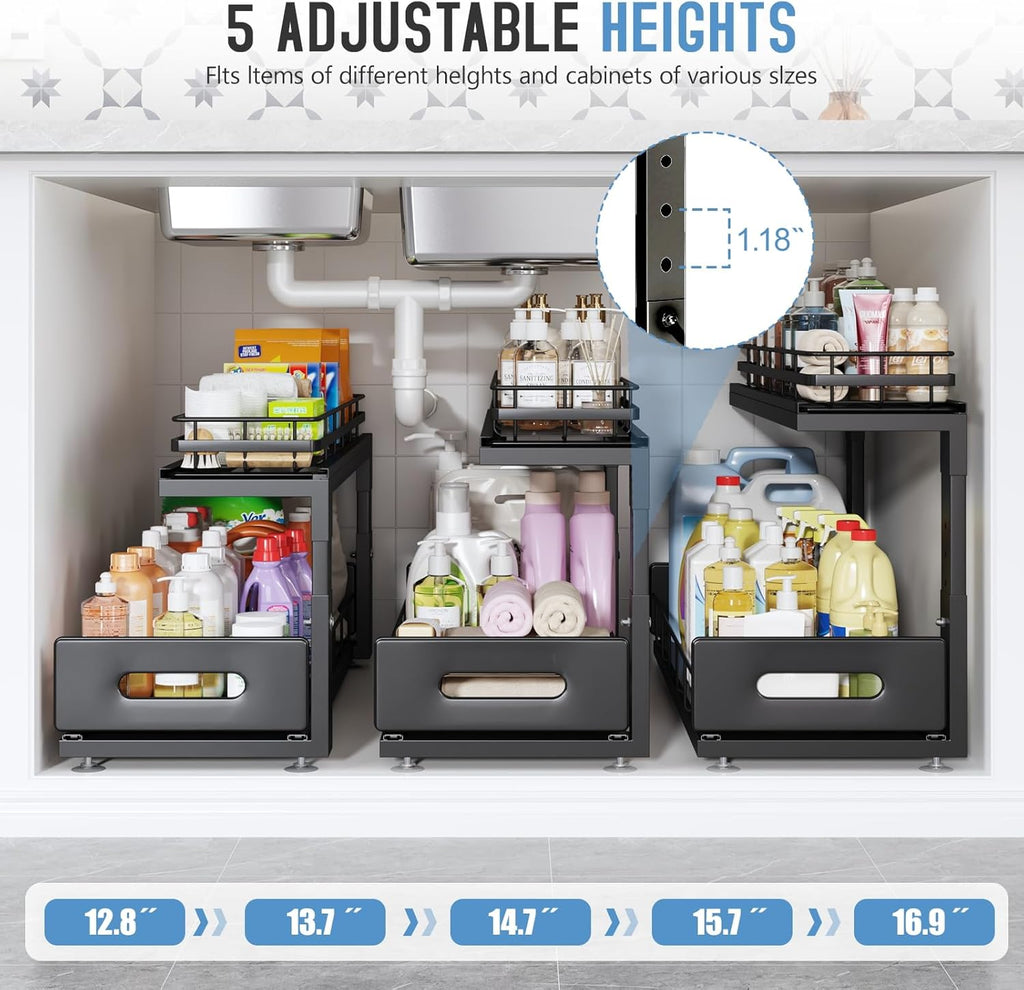 1 Pack Under Sink Organizer Upgrade To Professional Rails,2-Tier Dual Pull Out Cabinet Storage,Height Adjustable Slide Out Drawers For Bathroom Kitchen,Under Sink Shelf-Black