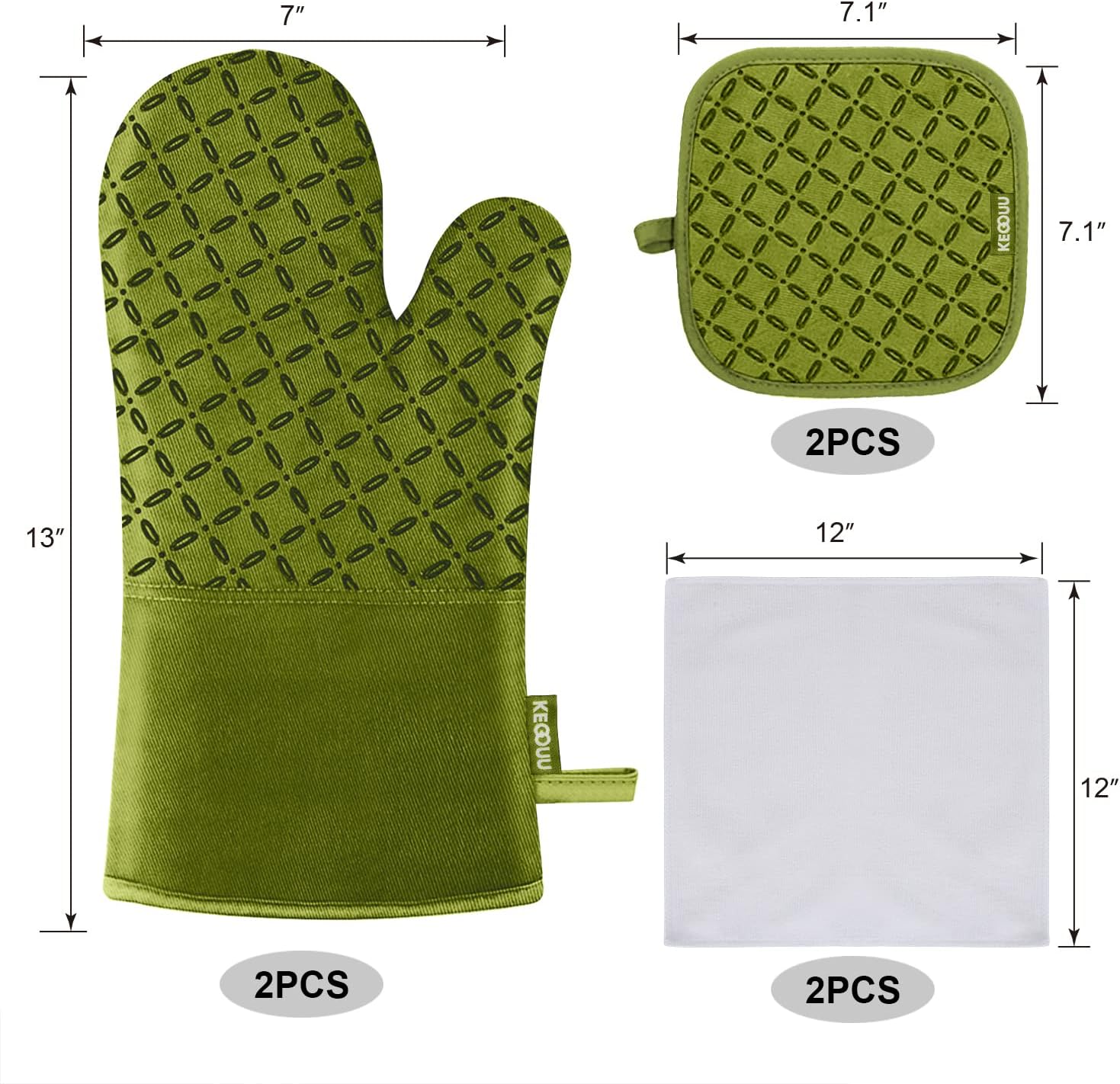 KEGOUU Oven Mitts and Pot Holders 6pcs Set, Kitchen Oven Glove High Heat Resistant 500 Degree Extra Long Oven Mitts and Potholder with Non-Slip Silicone Surface for Cooking (Olive Drab)