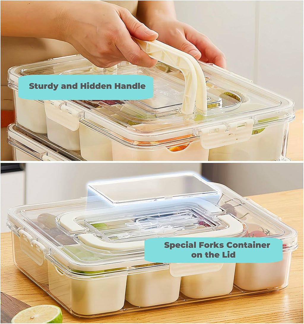 2 Pack Snackle Box Container, Divided Serving Tray with Lid & Handle, Portable Snack Box Food Organizer for Nuts,Candy,Fruits, Snack Platter with 8 Compartments&6 forks for Party, Picnic, Travel