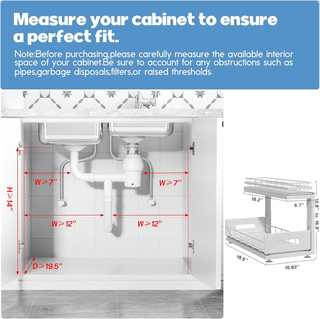 2 Pack 18 IN Depth Under Sink Organizer with Smooth Ball Bearing Slides,2-Tier Pull Out Cabinet Storage,Slide Out Drawers for Bathroom&Kitchen,Rust-resistant Coating,Height Adjustable-White