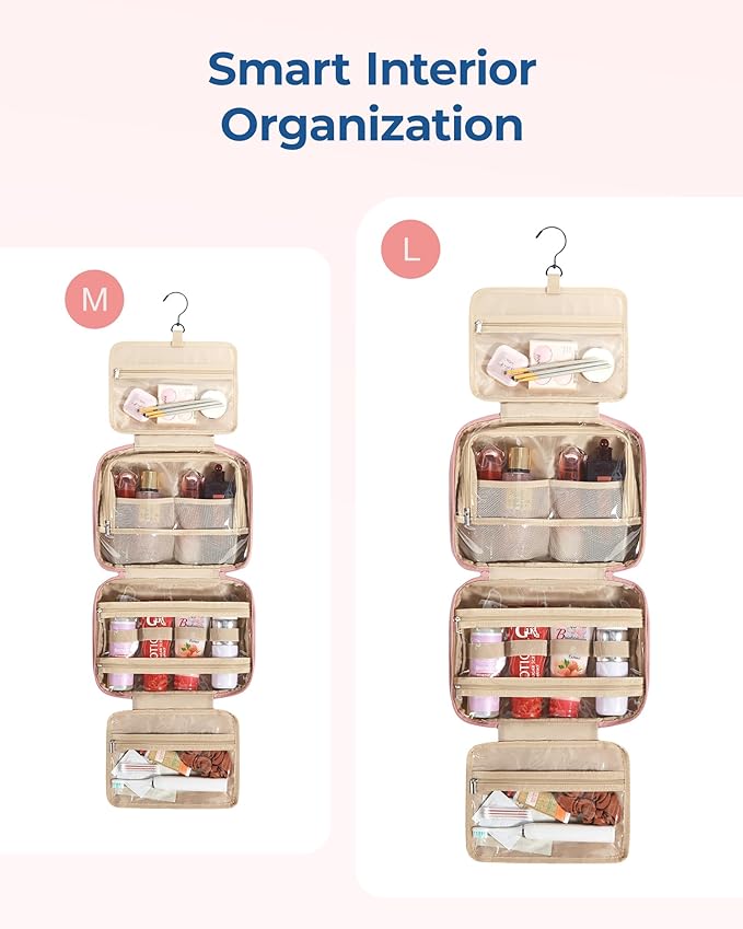 BAGSMART HangingToiletry Bag for Women, Puffy Travel Toiletry Bag with Jewelry Organizer, Waterproof Cosmetic Makeup Bag Compartment, Toiletries Kit Set for Traveling, Accessories, Essentials (M)