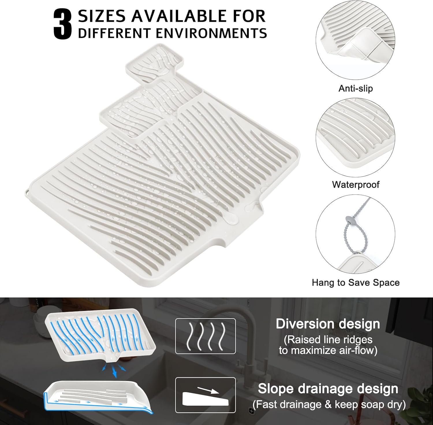 Silicone Dish Drying Mat for Kitchen Counter, Dish Drying Pad, Non-Slip Drain Pad with Built-in Drain, Heat Resistant Stone Drying Mat, 1 set XL(Cream)