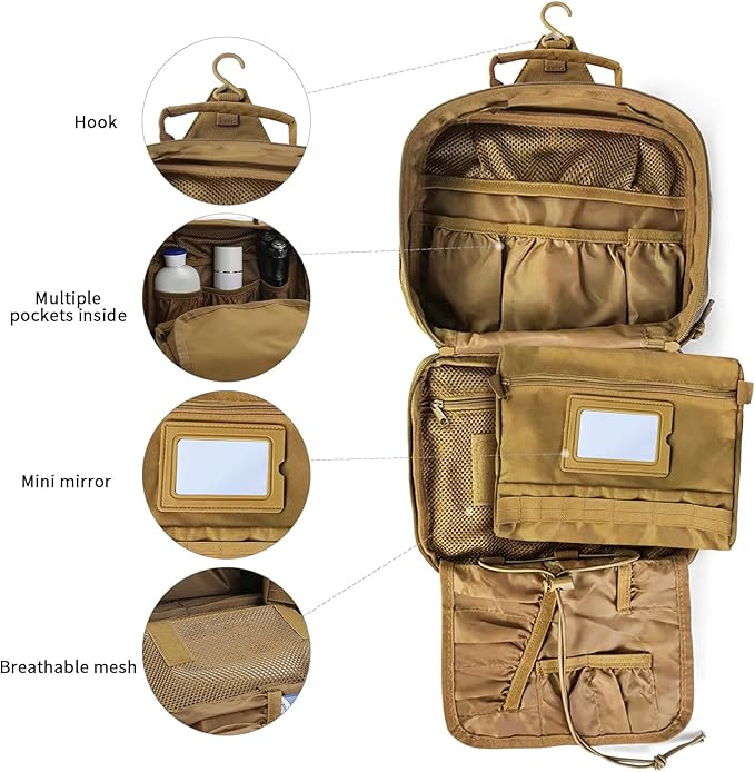 SUNRISING Tactical Toiletry Bag for Men - Hanging Travel Dopp Kit, Shaving Hygiene Organizer, Durable Bathroom Essentials for Short Trips & Camping Khaki