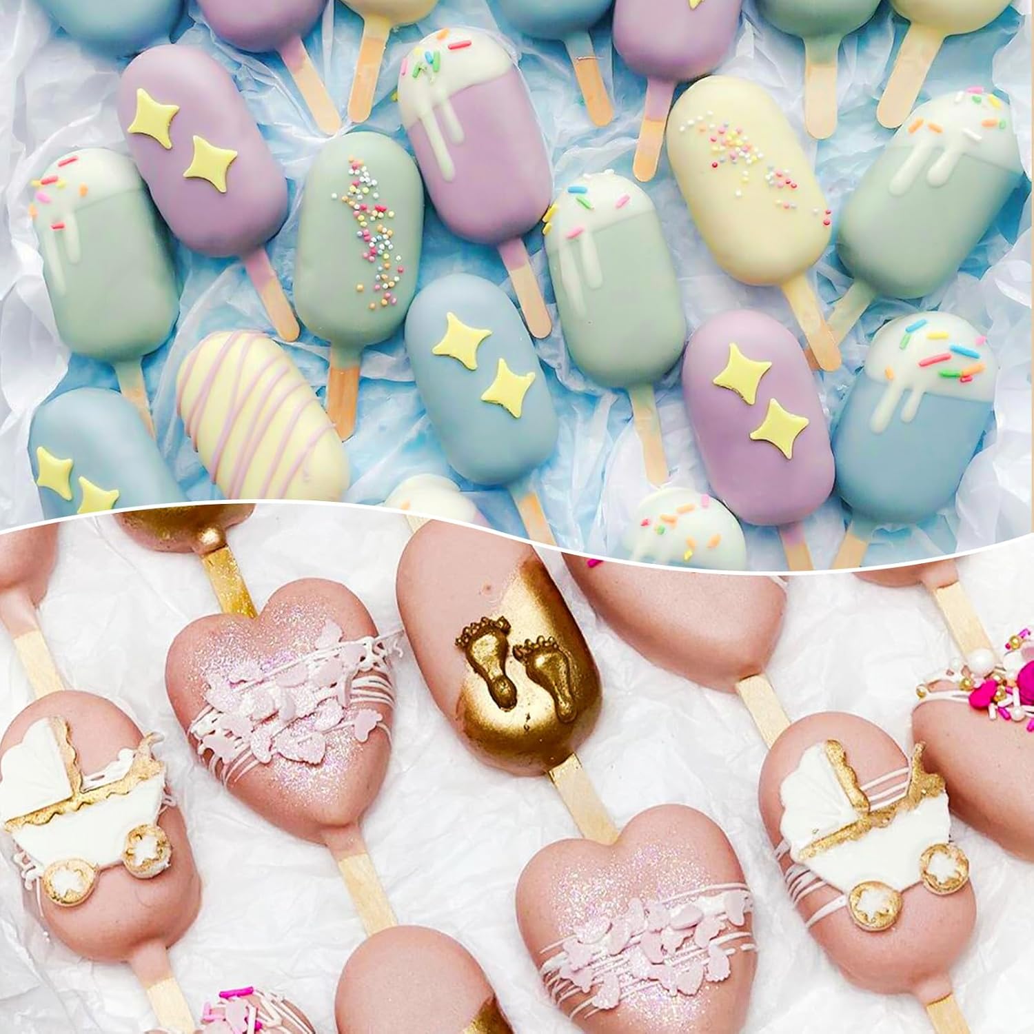 Juome Cake Pop Mold Kit, 8 Cavities Small Cakesicle Molds Silicone with 100 Wooden Sticks & 100 Packaging Bags with Ties, Cake Pop Maker Supplies Accessories, Baking Tools for Home Baking Desserts